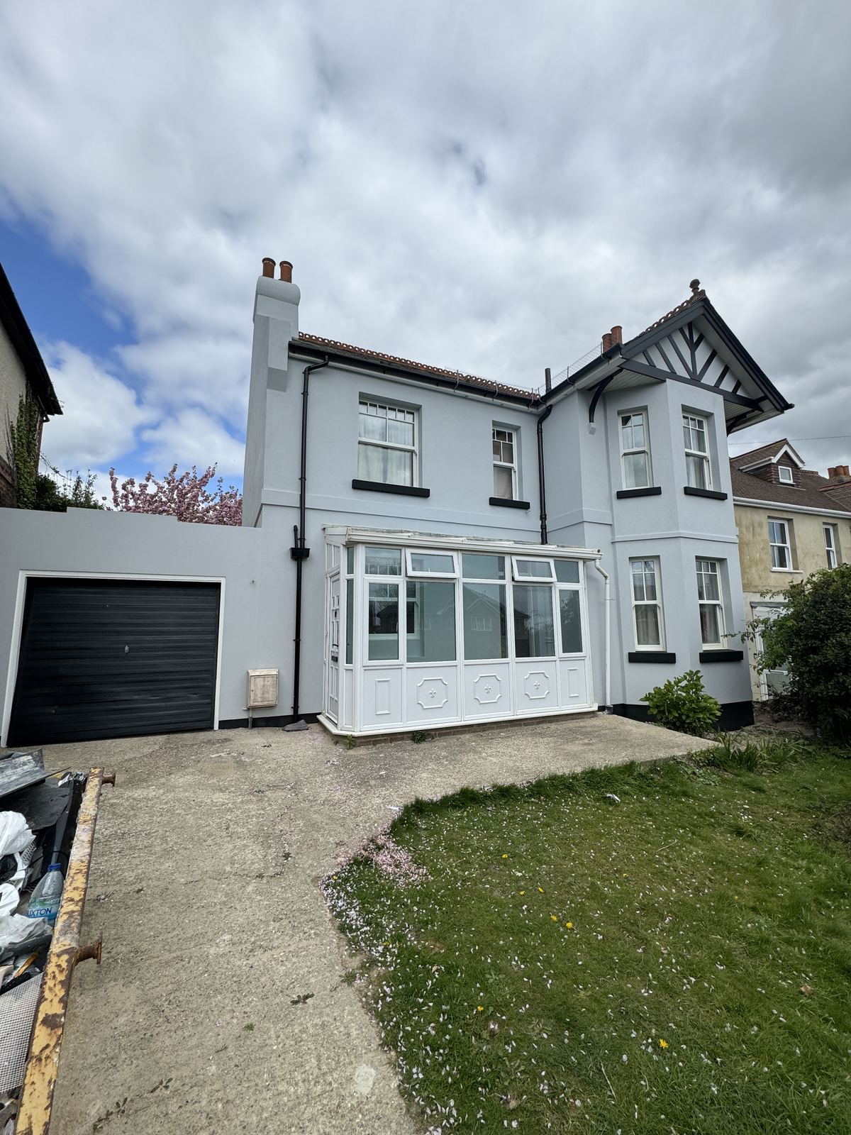 Period property with full exterior render painted pale blue-grey by Hamilton Decorating, East Sussex